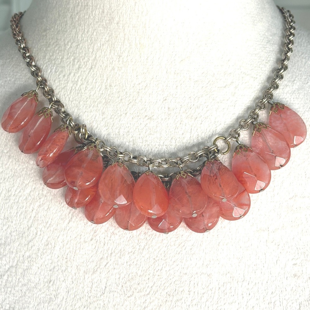 Coral Teardrop Bead Bib Necklace 20 inch Chunky Gold Chain‎ Dangling Beads